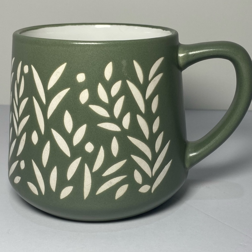 Sage Green Wheat Harvest Ceramic Coffee Mug Matte Finish White Carving 12 oz
